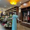 Áo dài tơ xanh ngọc cổ viền ngọc